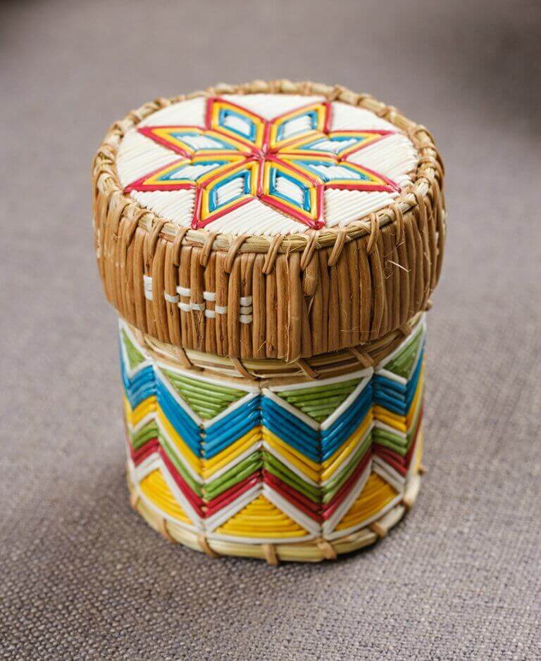 Melissa Peter-Paul, Epekwitkewaq, 2020, birch bark, sweet grass, porcupine quills, spruce root