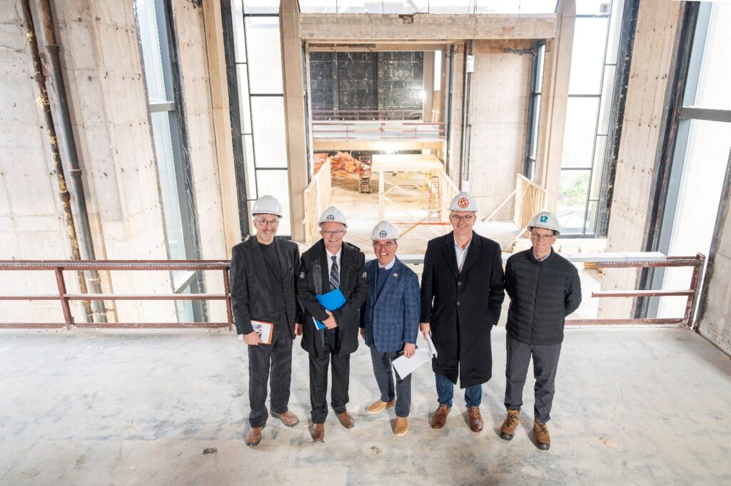 Lead architect Alec Brown, provincial Minister of Transportation and Infrastructure Ernie Hudson, Charlottetown Mayor Philip Brown, Centre CEO Steve Bellamy, and Centre Board Chair Robert Sear.
 